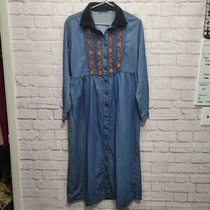 VTG Erika Classics Floral Denim Maxi Dress L Button Down Modest Prairie Cottage